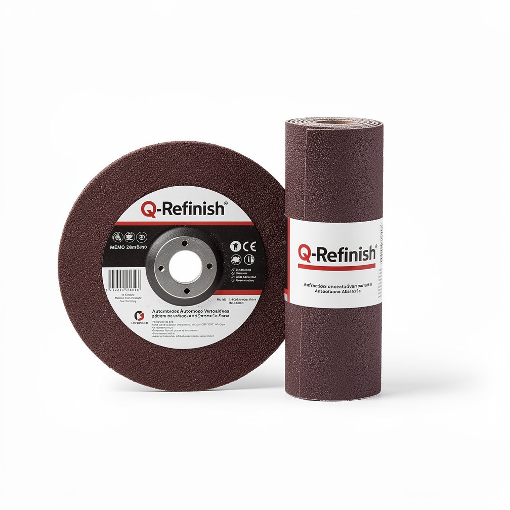 Abrasive sanding disc or roll, Q-Refinish brand, professional automotive tool, white background, studio photography