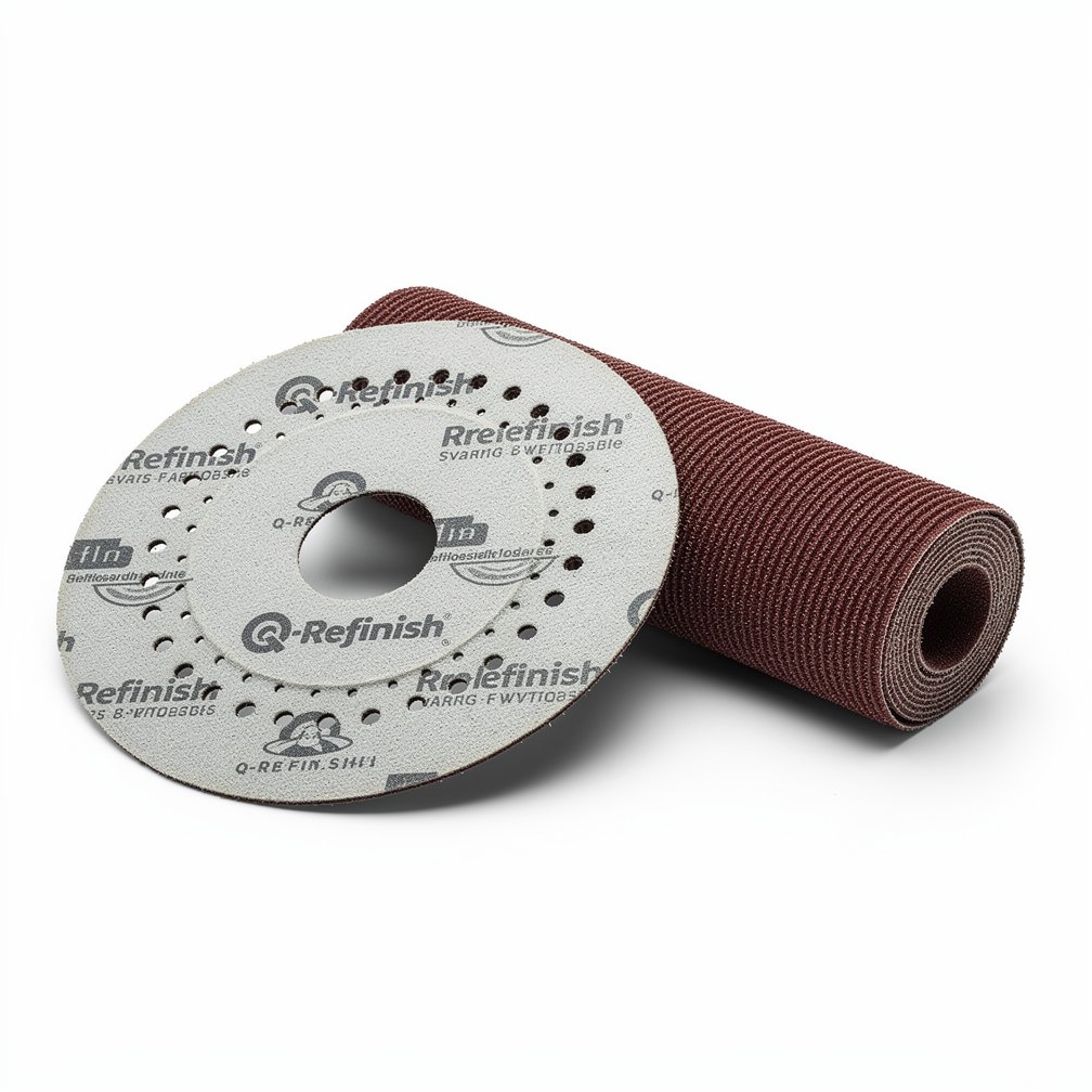 Abrasive sanding disc or roll, Q-Refinish brand, professional automotive tool, white background, studio photography
