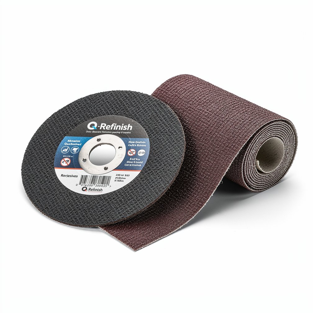 Abrasive sanding disc or roll, Q-Refinish brand, professional automotive tool, white background, studio photography