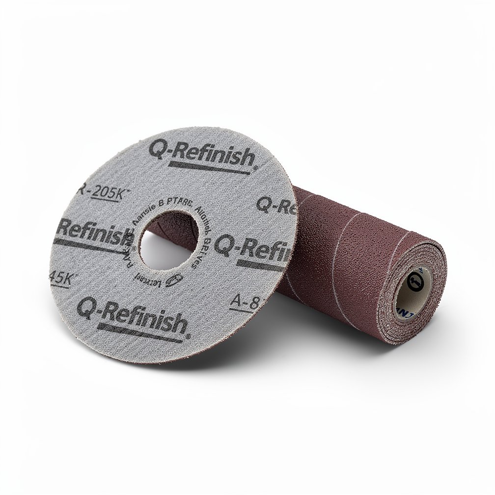 Abrasive sanding disc or roll, Q-Refinish brand, professional automotive tool, white background, studio photography