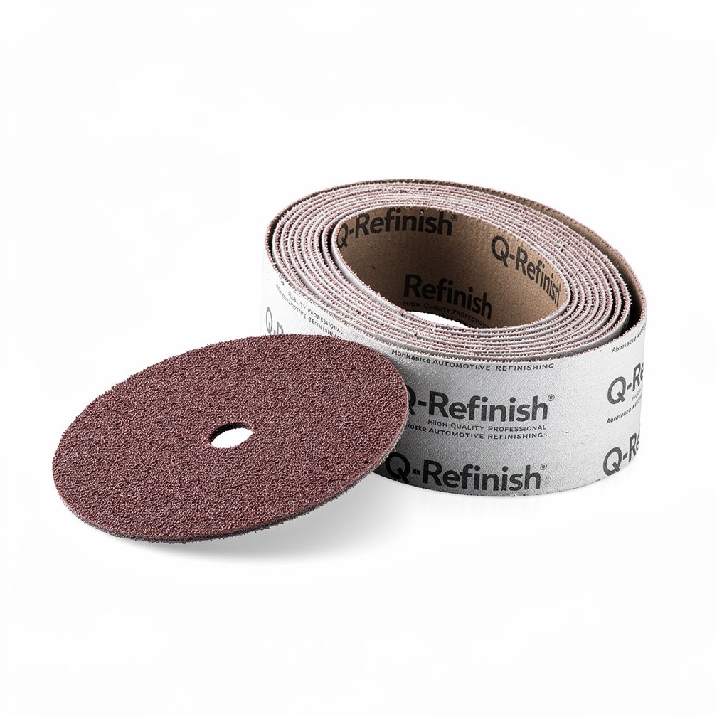 Abrasive sanding disc or roll, Q-Refinish brand, professional automotive tool, white background, studio photography