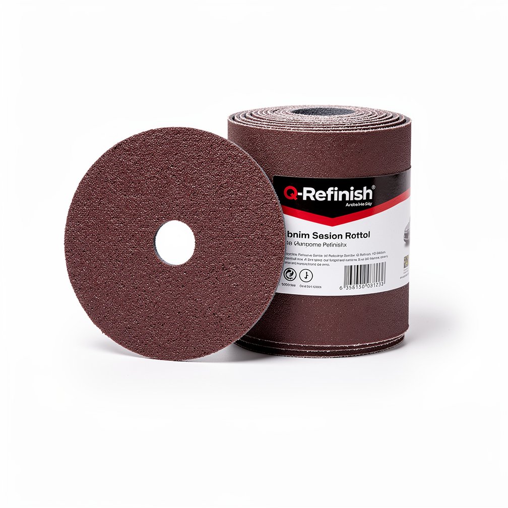 Abrasive sanding disc or roll, Q-Refinish brand, professional automotive tool, white background, studio photography