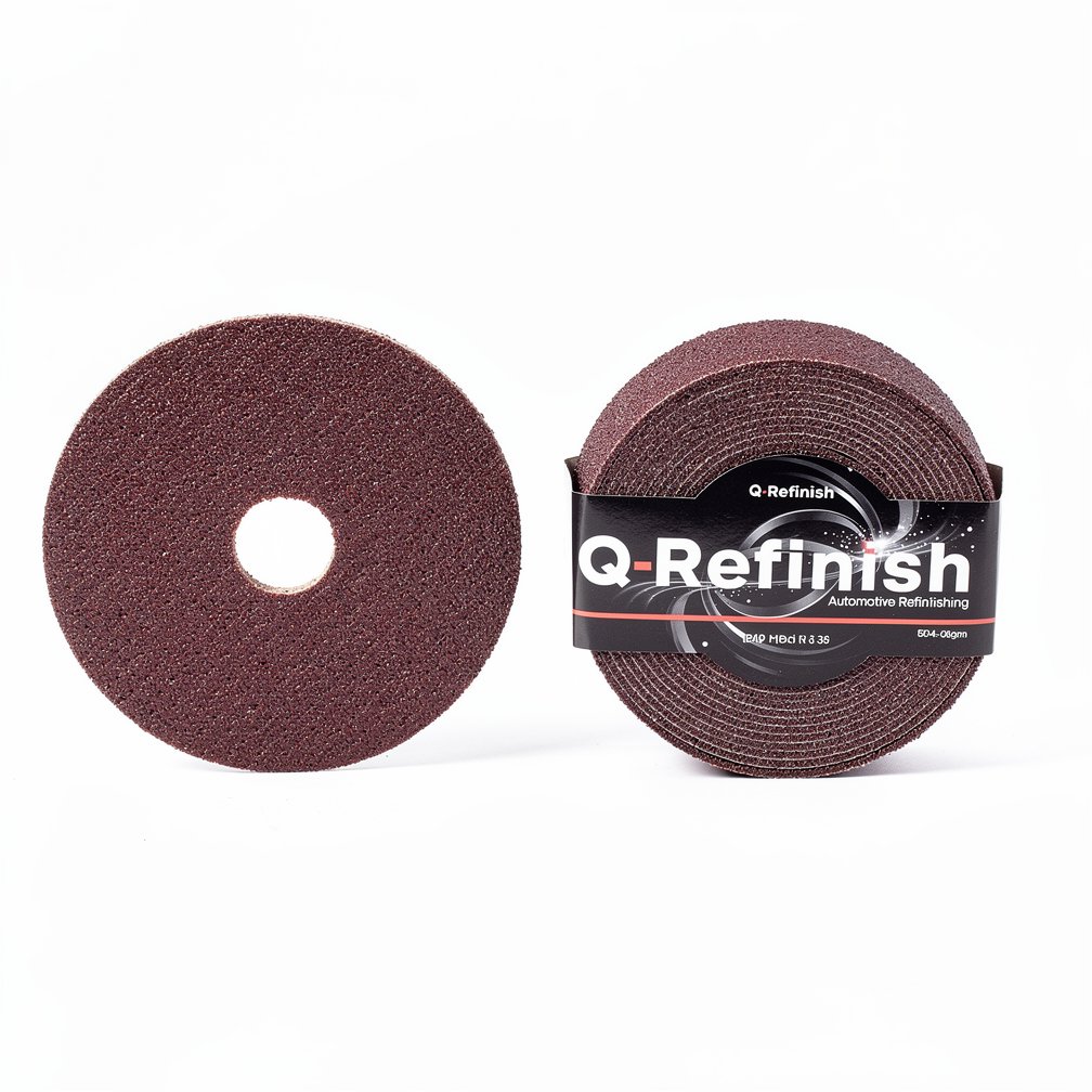 Abrasive sanding disc or roll, Q-Refinish brand, professional automotive tool, white background, studio photography
