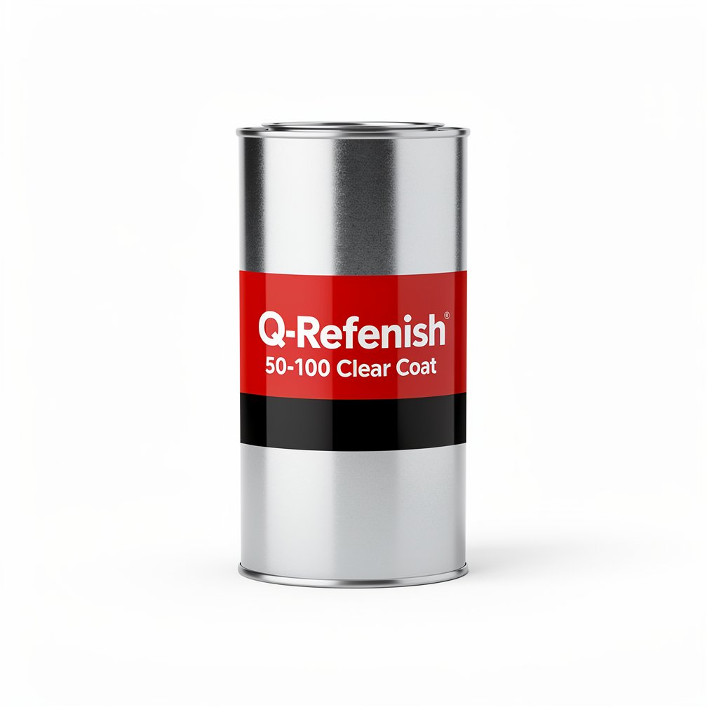 Silver automotive metal can, Q-Refinish 50-100 Clear Coat, red and black horizontal label, white background, studio photography