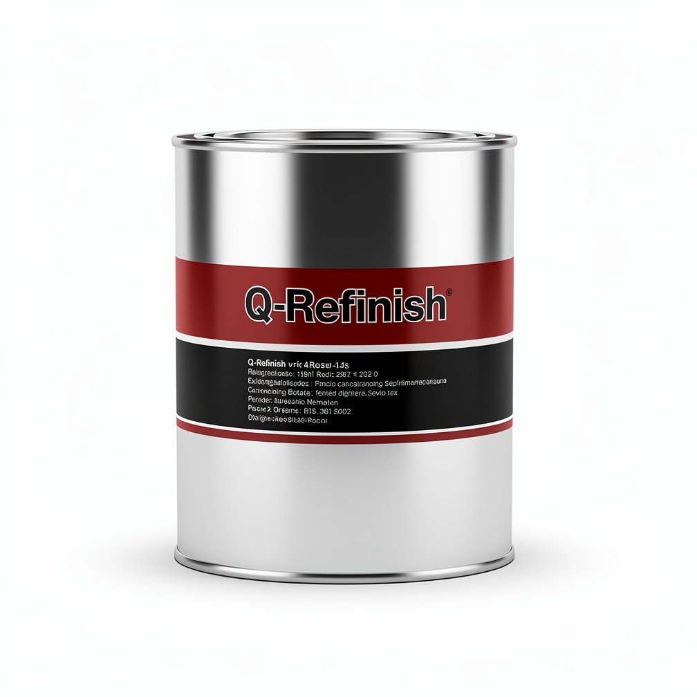 Silver automotive metal can, Q-Refinish product, red and black horizontal label, white background, studio photography