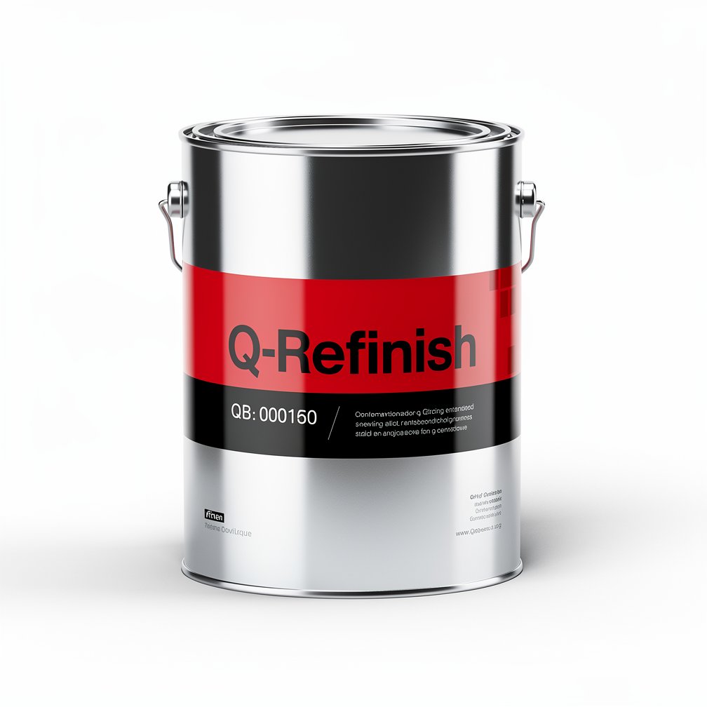 Silver automotive metal can, Q-Refinish product, red and black horizontal label, white background, studio photography