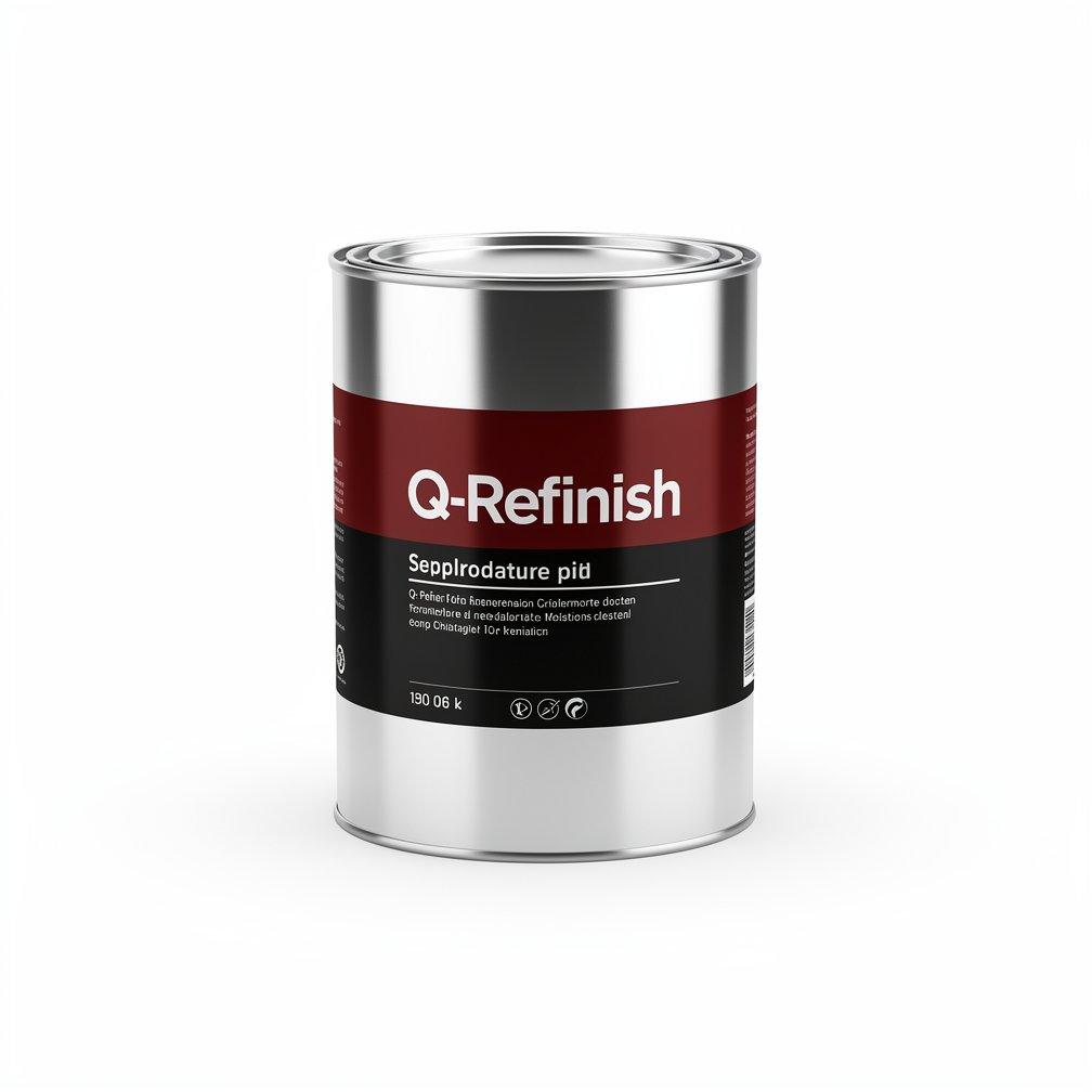 Silver automotive metal can, Q-Refinish product, red and black horizontal label, white background, studio photography