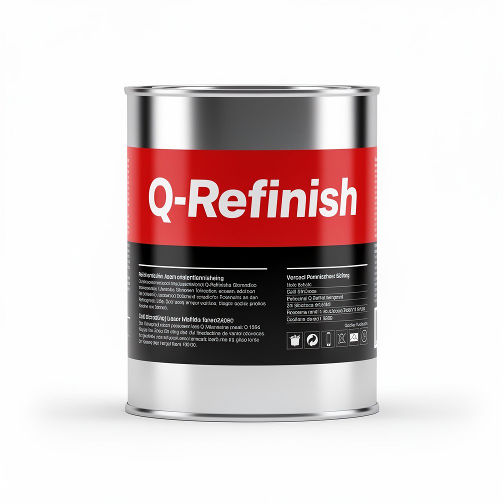 Silver automotive metal can, Q-Refinish product, red and black horizontal label, white background, studio photography
