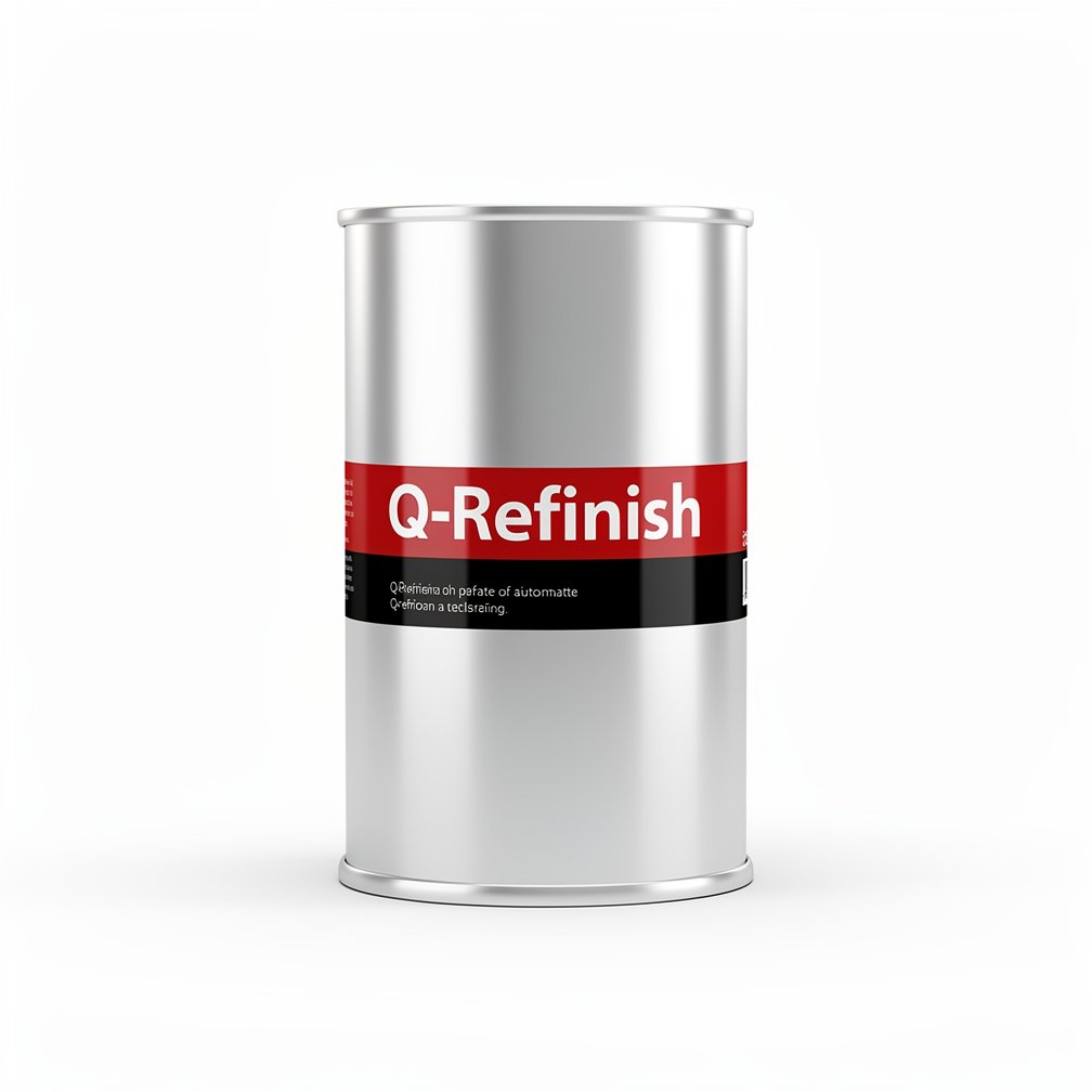 Silver automotive metal can, Q-Refinish product, red and black horizontal label, white background, studio photography