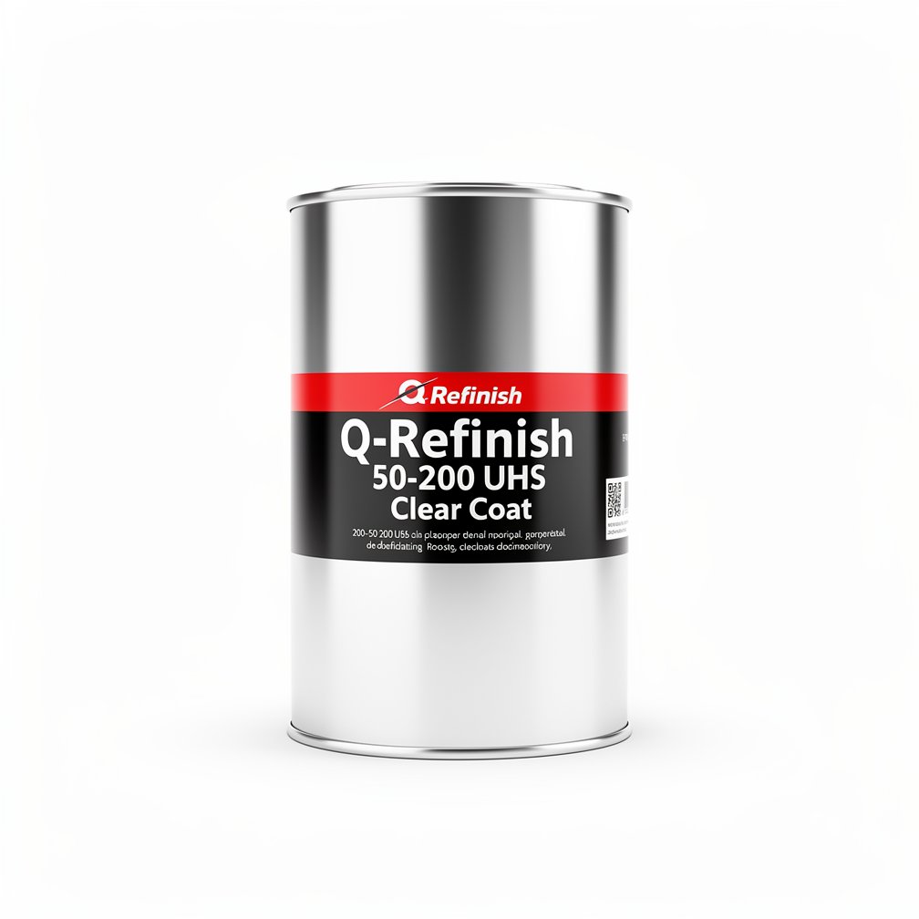 Silver automotive metal can, Q-Refinish 50-200 UHS Clear Coat, red and black horizontal label, white background, studio photography
