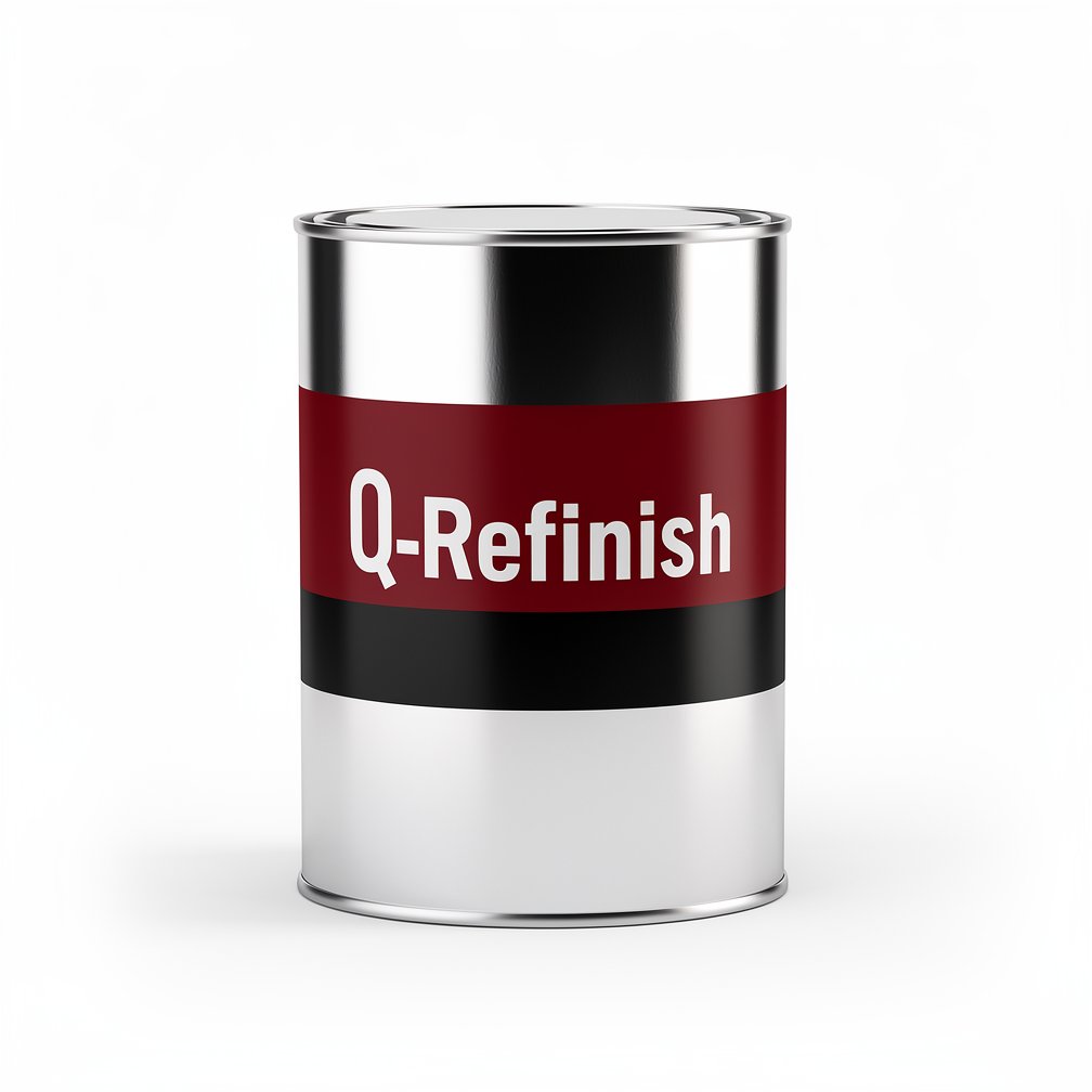 Silver automotive metal can, Q-Refinish product, red and black horizontal label, white background, studio photography