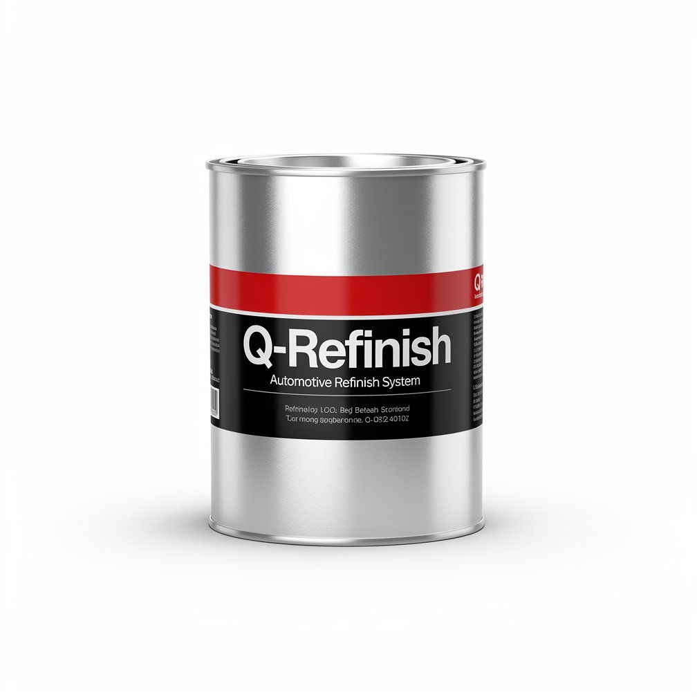Silver automotive metal can, Q-Refinish product, red and black horizontal label, white background, studio photography