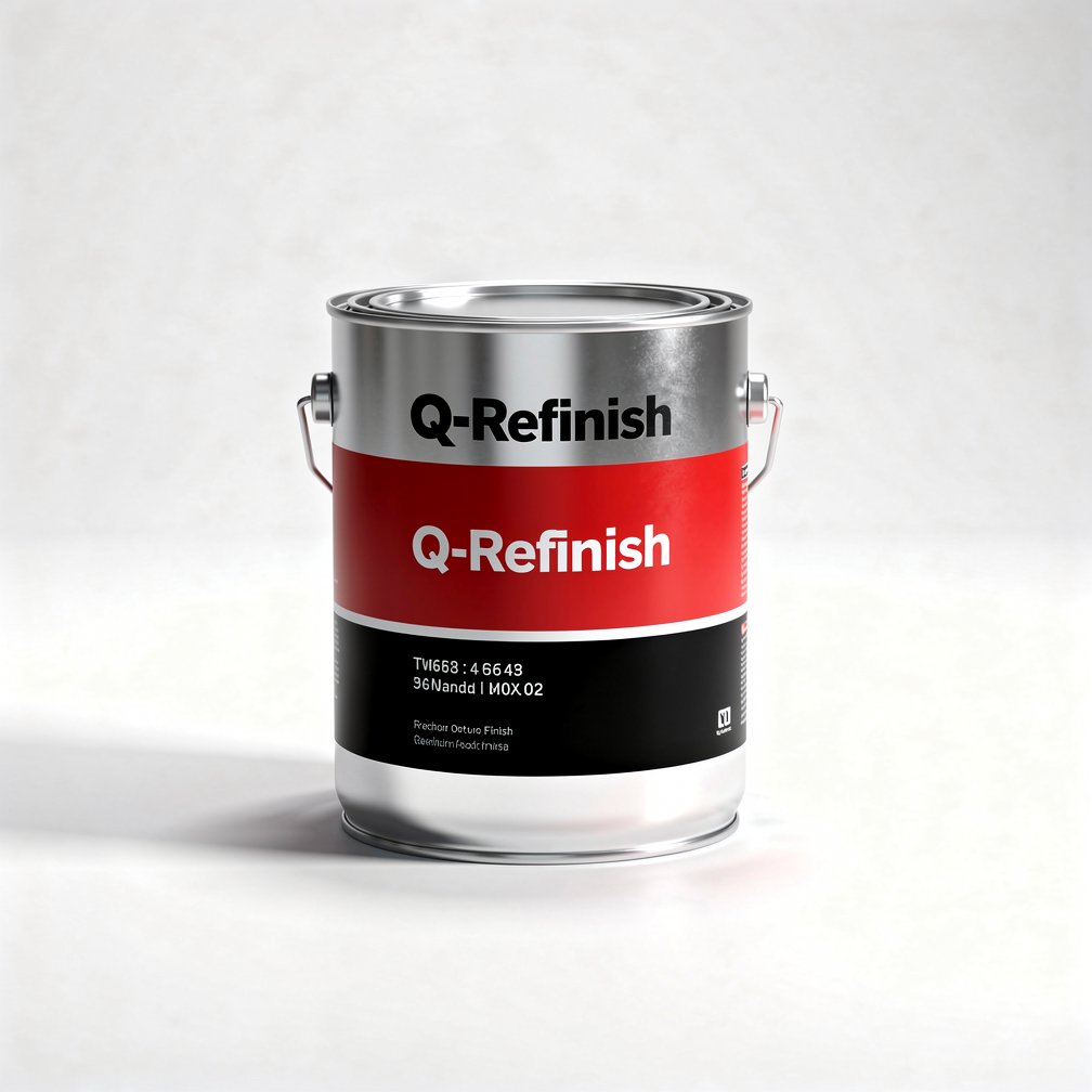 Silver automotive metal can, Q-Refinish product, red and black horizontal label, white background, studio photography
