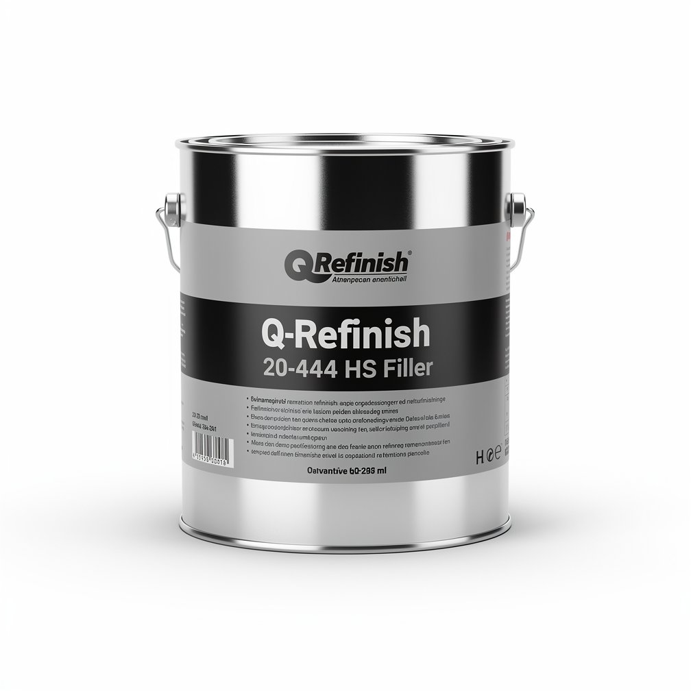 Silver automotive metal can, Q-Refinish 20-444 HS Filler, grey and black horizontal label, white background, studio photography
