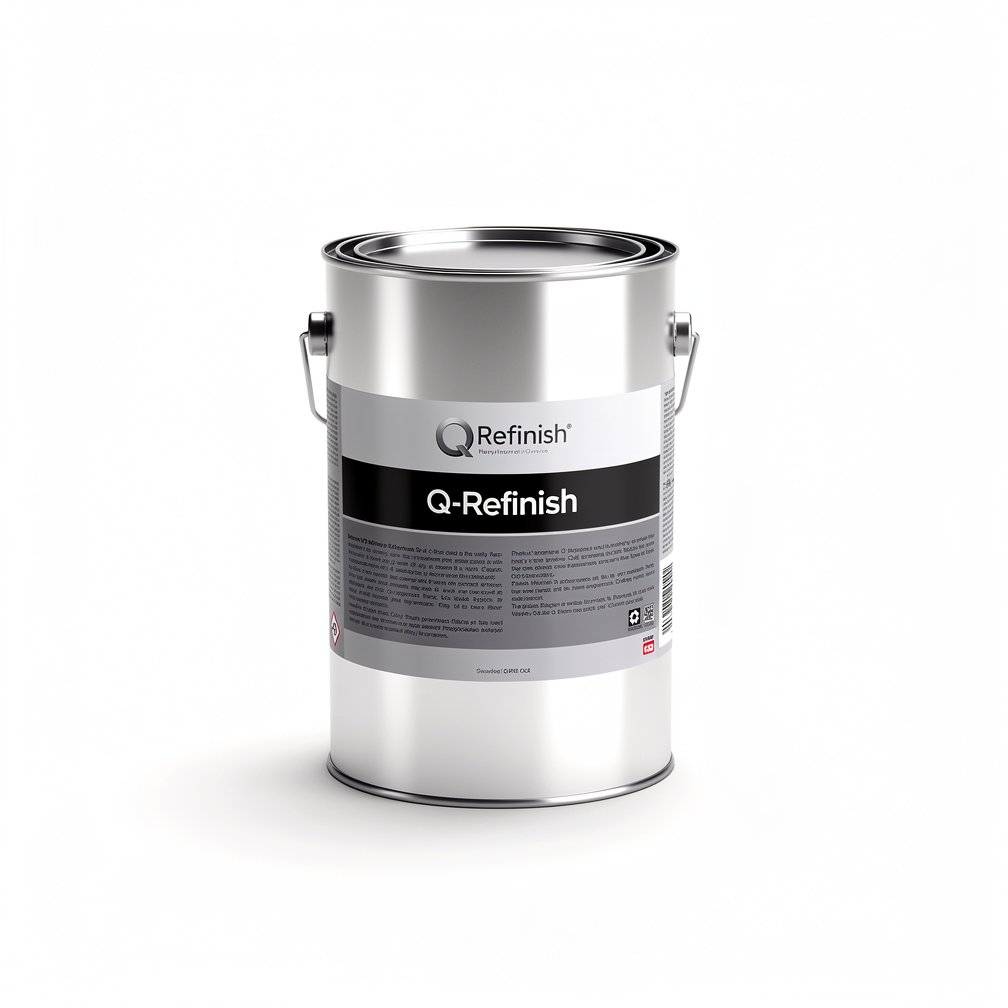 Silver automotive metal can, Q-Refinish product, grey and black horizontal label, white background, studio photography