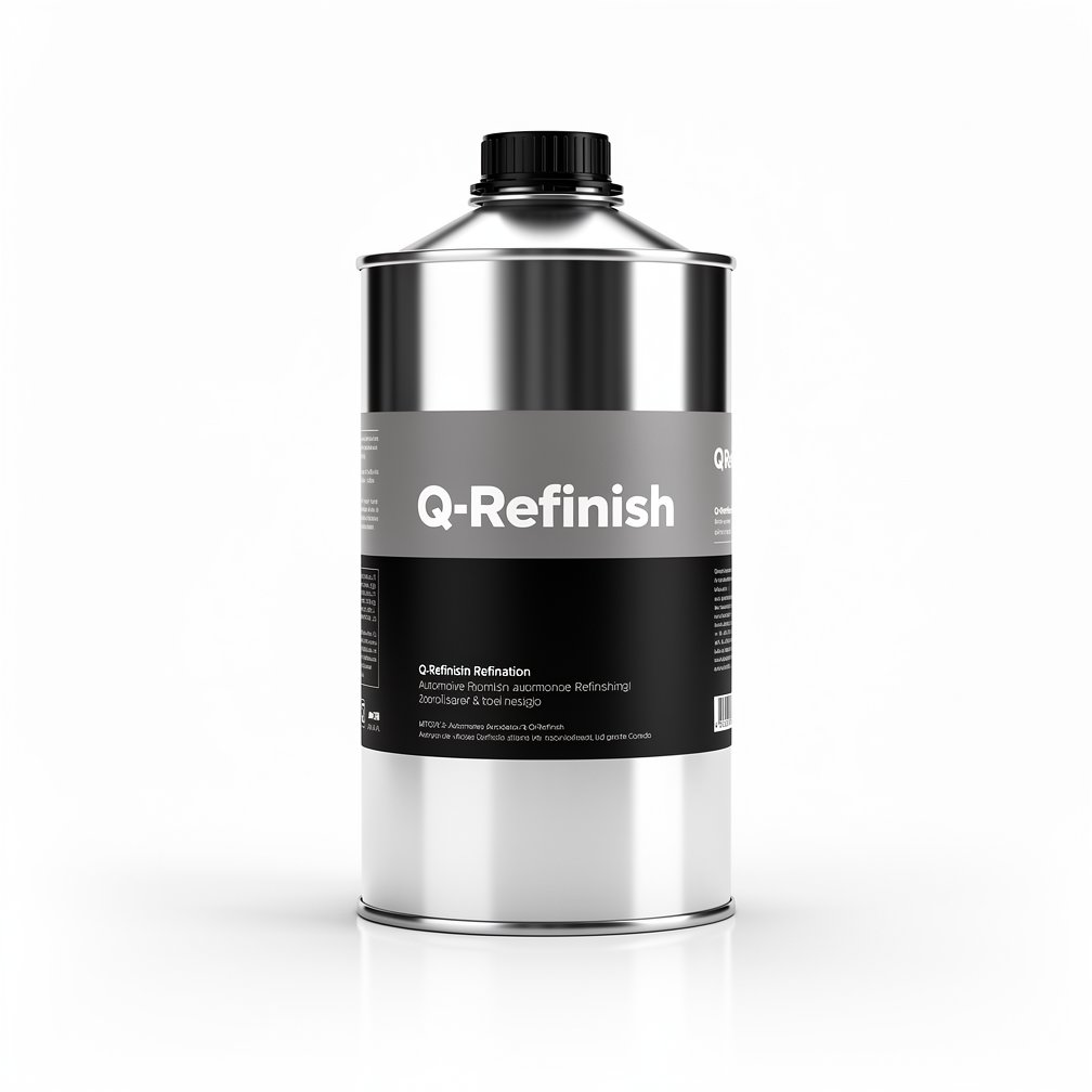 Silver automotive metal can, Q-Refinish product, grey and black horizontal label, white background, studio photography