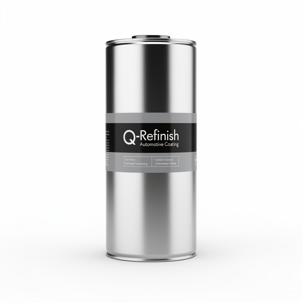 Silver automotive metal can, Q-Refinish product, grey and black horizontal label, white background, studio photography