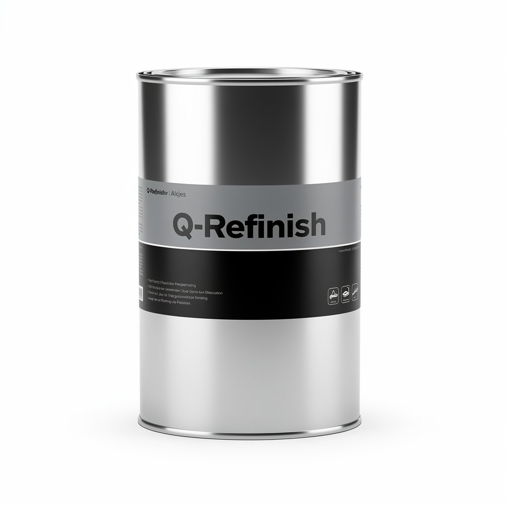 Silver automotive metal can, Q-Refinish product, grey and black horizontal label, white background, studio photography