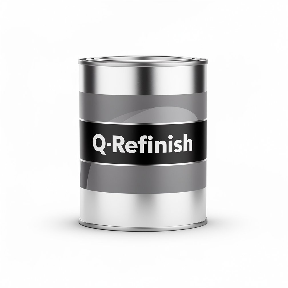 Silver automotive metal can, Q-Refinish product, grey and black horizontal label, white background, studio photography