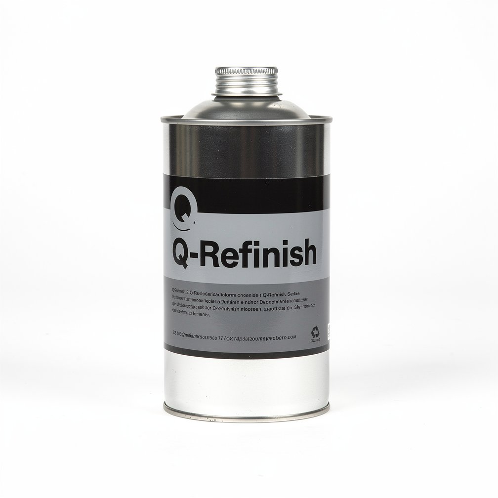 Silver automotive metal can, Q-Refinish product, grey and black horizontal label, white background, studio photography