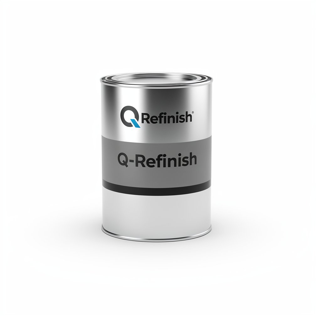 Silver automotive metal can, Q-Refinish product, grey and black horizontal label, white background, studio photography