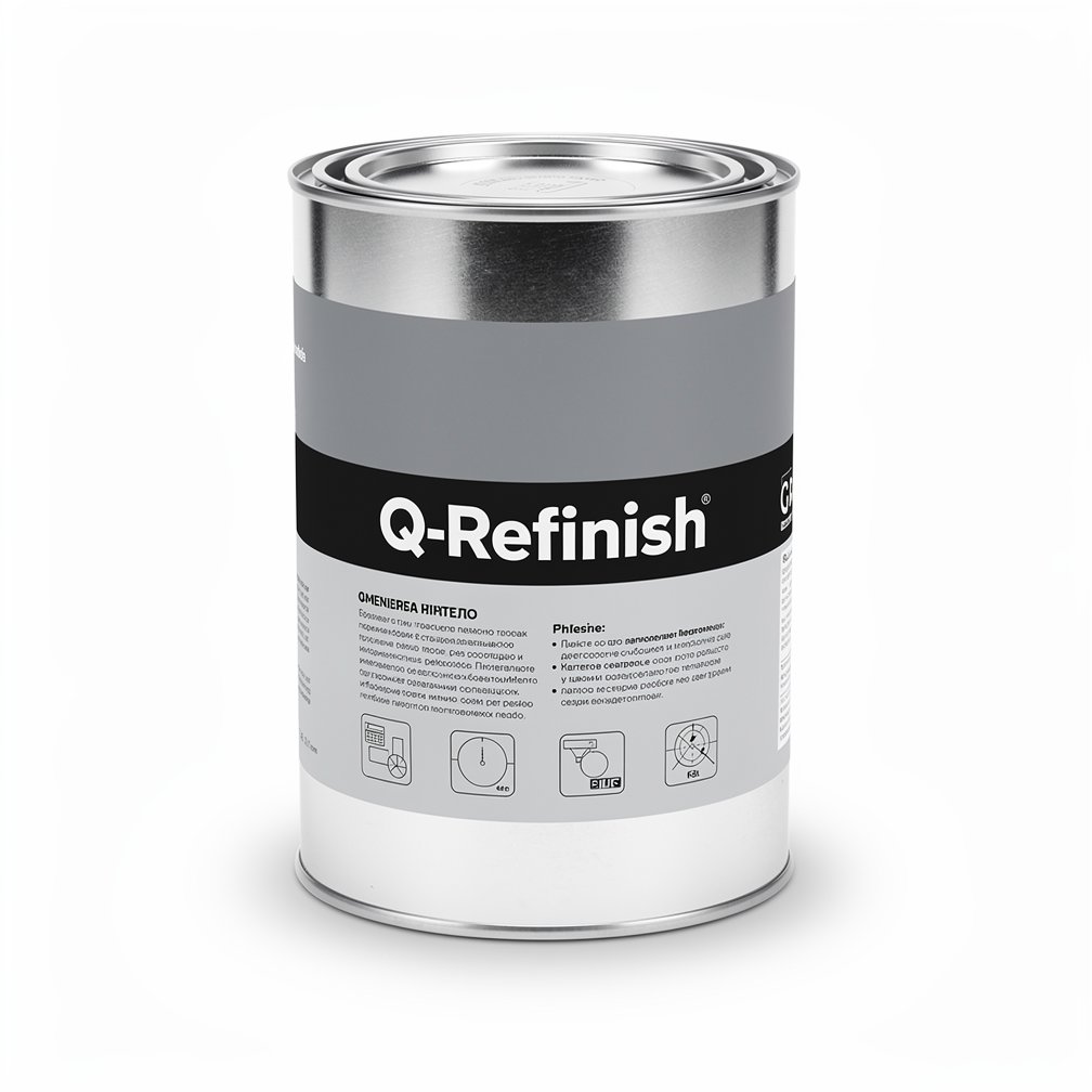 Silver automotive metal can, Q-Refinish product, grey and black horizontal label, white background, studio photography
