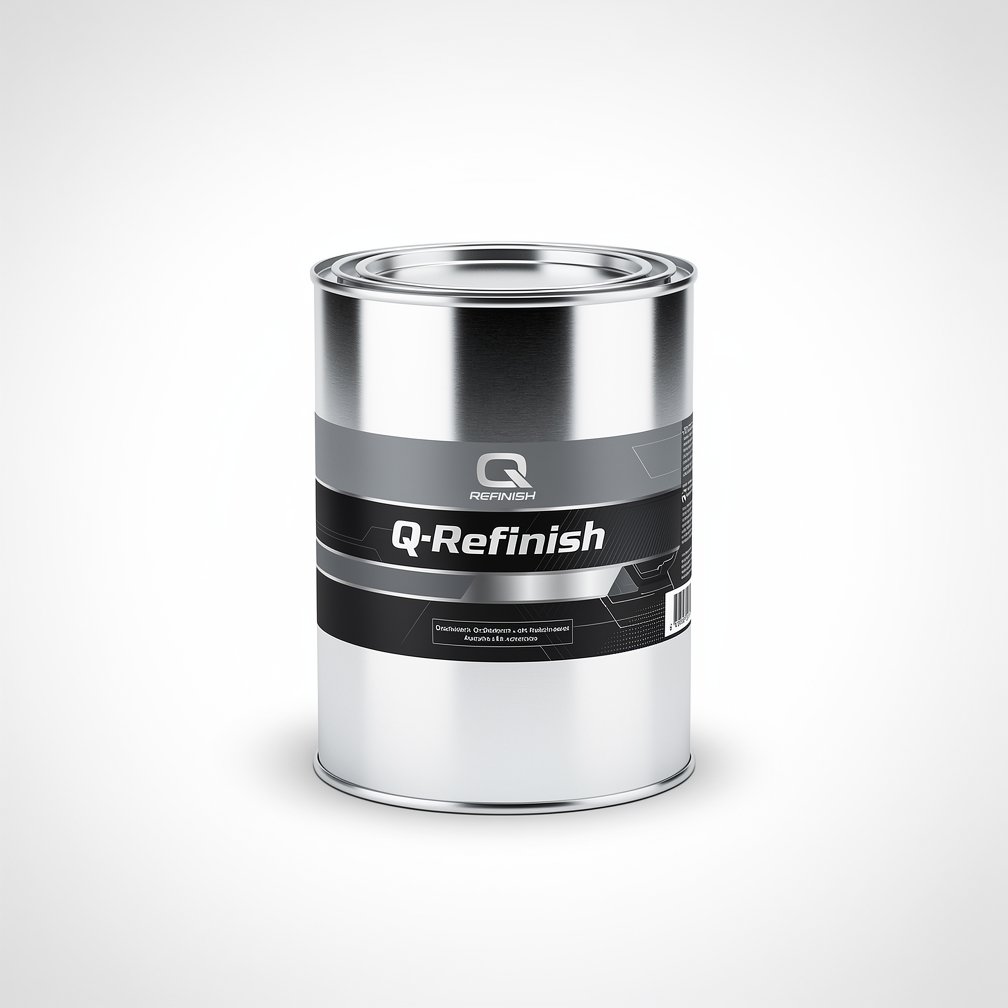 Silver automotive metal can, Q-Refinish product, grey and black horizontal label, white background, studio photography