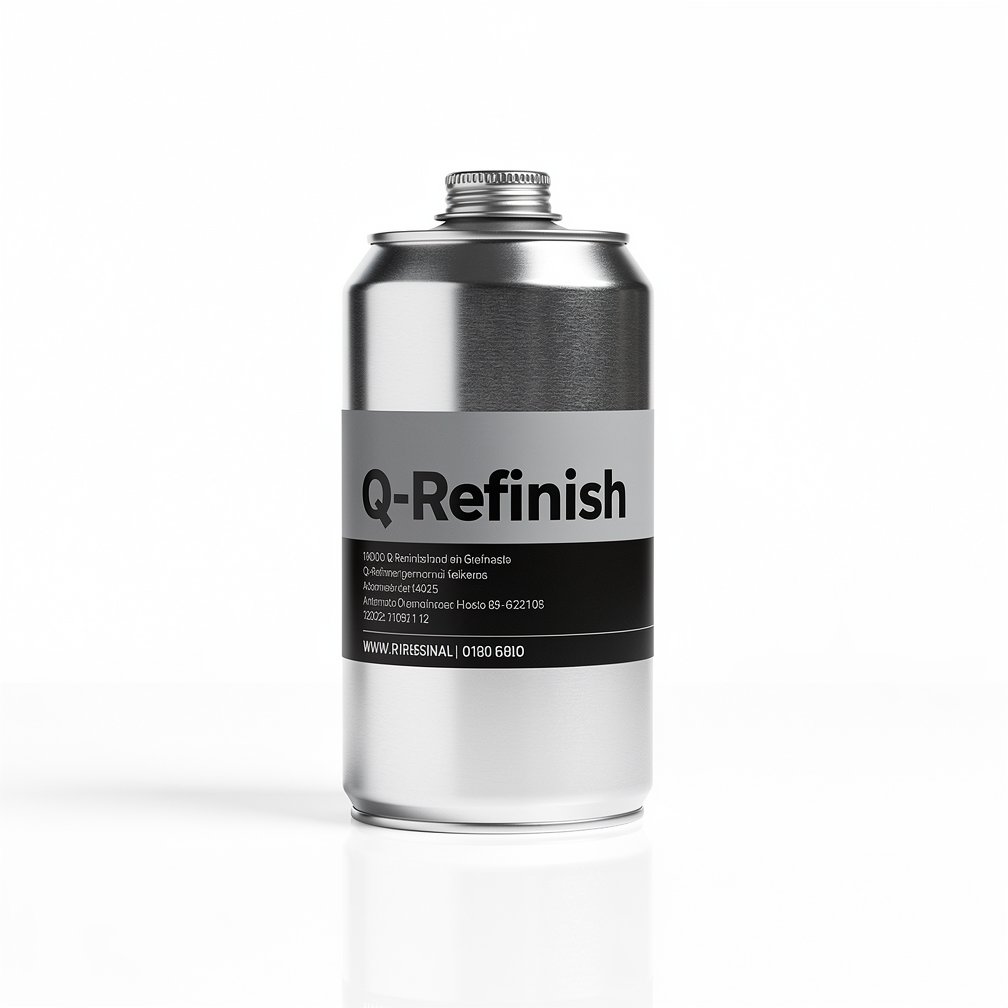 Silver automotive metal can, Q-Refinish product, grey and black horizontal label, white background, studio photography