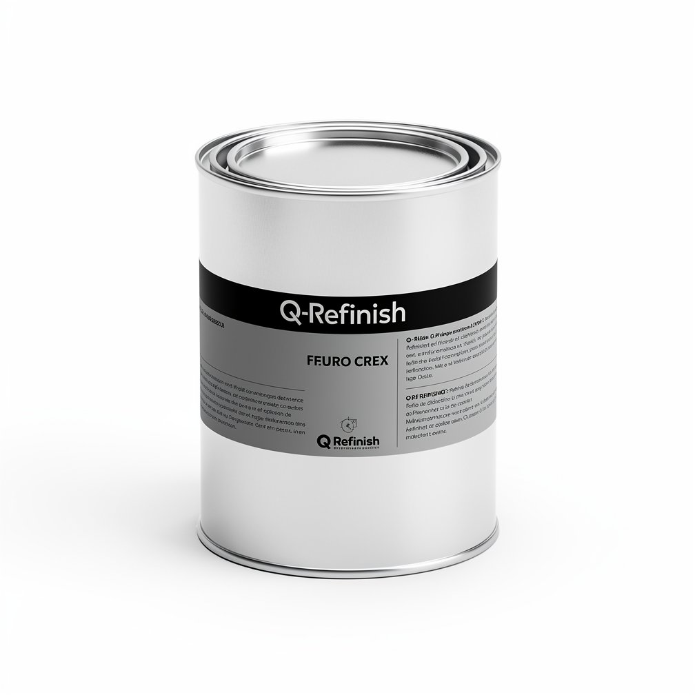 Silver automotive metal can, Q-Refinish product, grey and black horizontal label, white background, studio photography