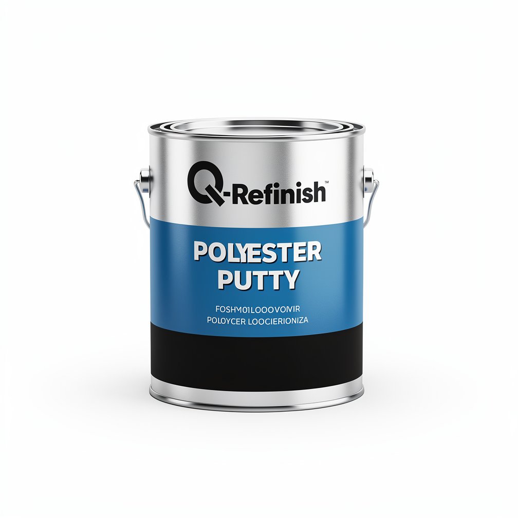 Silver automotive metal can, Q-Refinish polyester putty, blue and black horizontal label, white background, studio photography