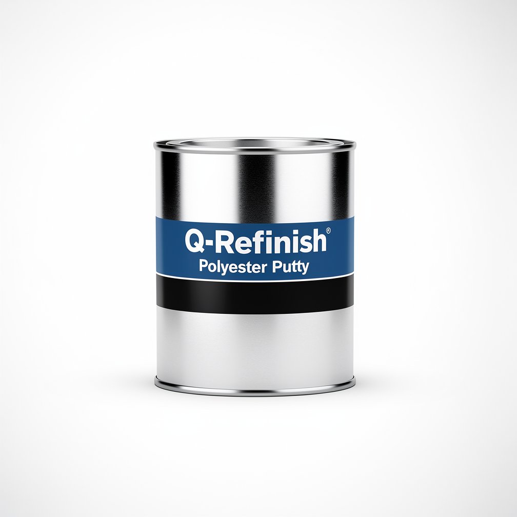 Silver automotive metal can, Q-Refinish polyester putty, blue and black horizontal label, white background, studio photography
