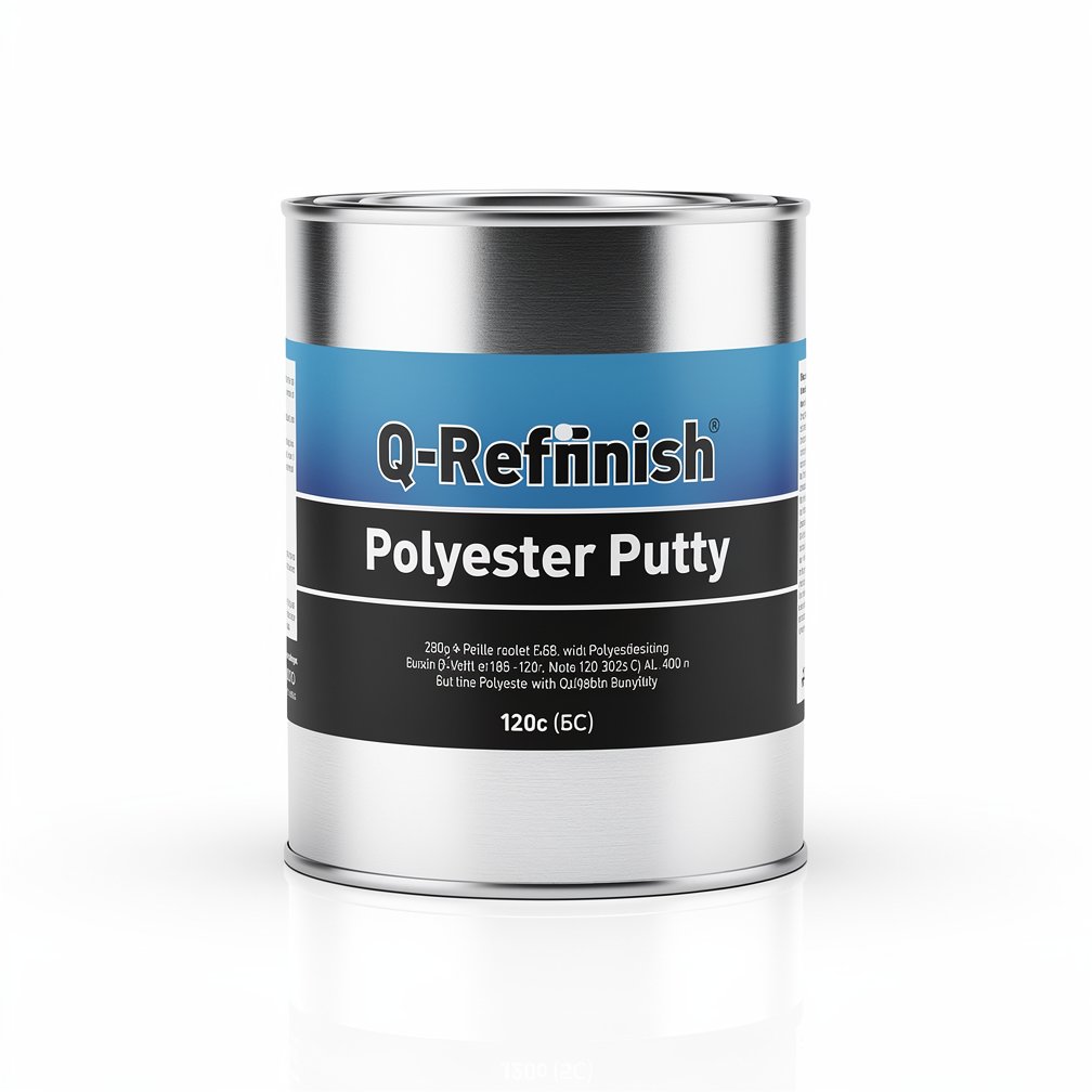Silver automotive metal can, Q-Refinish polyester putty, blue and black horizontal label, white background, studio photography
