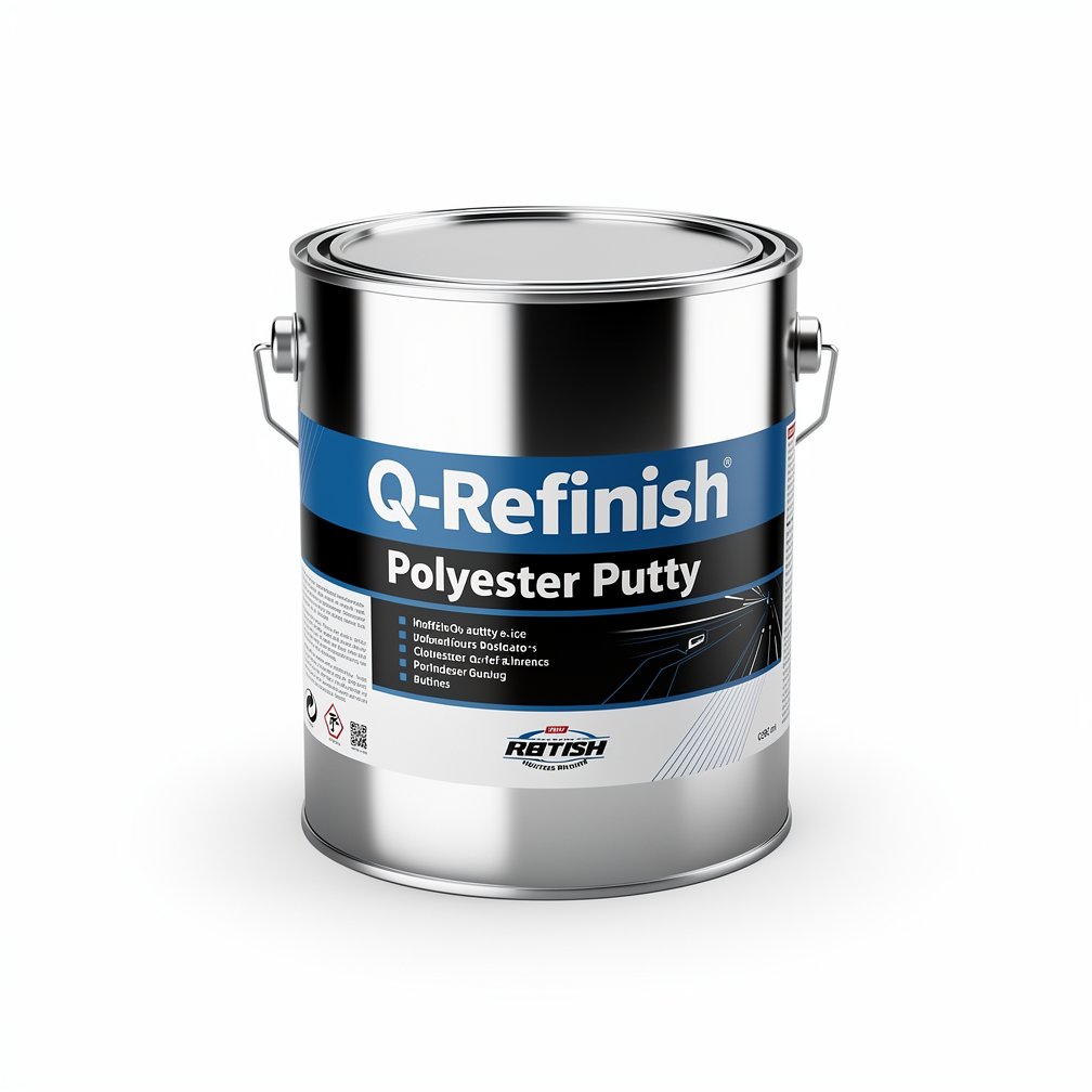 Silver automotive metal can, Q-Refinish polyester putty, blue and black horizontal label, white background, studio photography