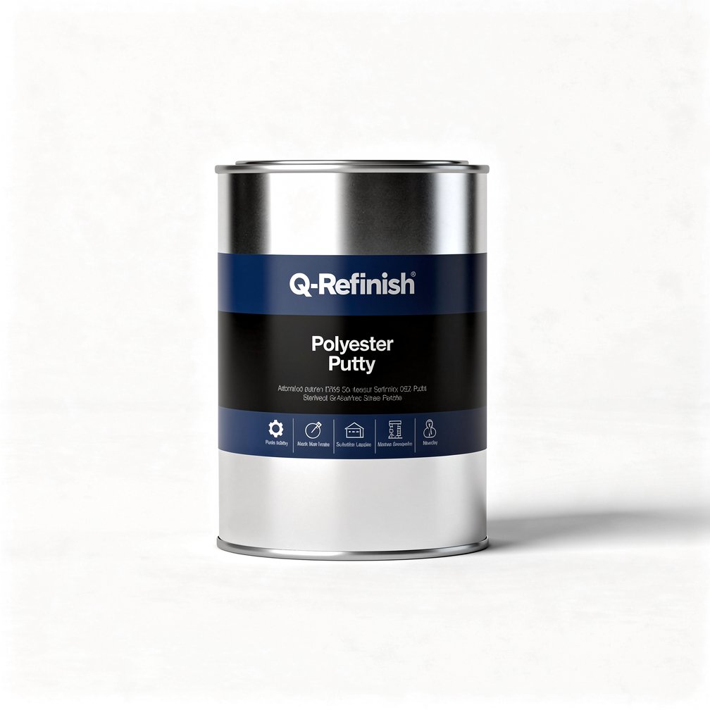Silver automotive metal can, Q-Refinish polyester putty, blue and black horizontal label, white background, studio photography