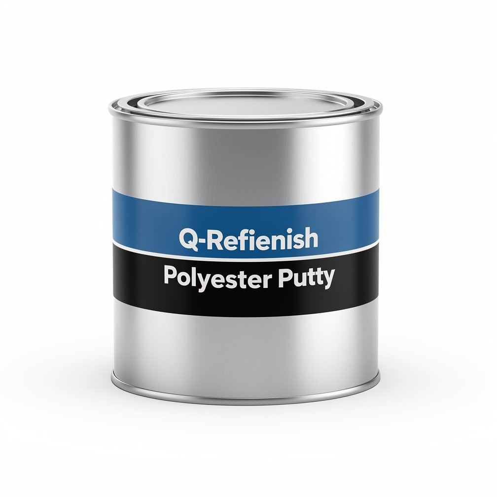 Silver automotive metal can, Q-Refinish polyester putty, blue and black horizontal label, white background, studio photography